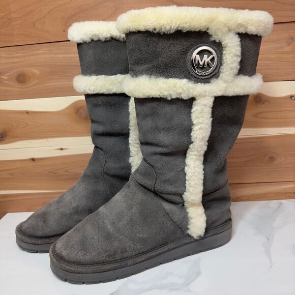 Michael Kors Tall Winter Boots Shearling Lined Suede Gray Boots Size 9M - Picture 1 of 9